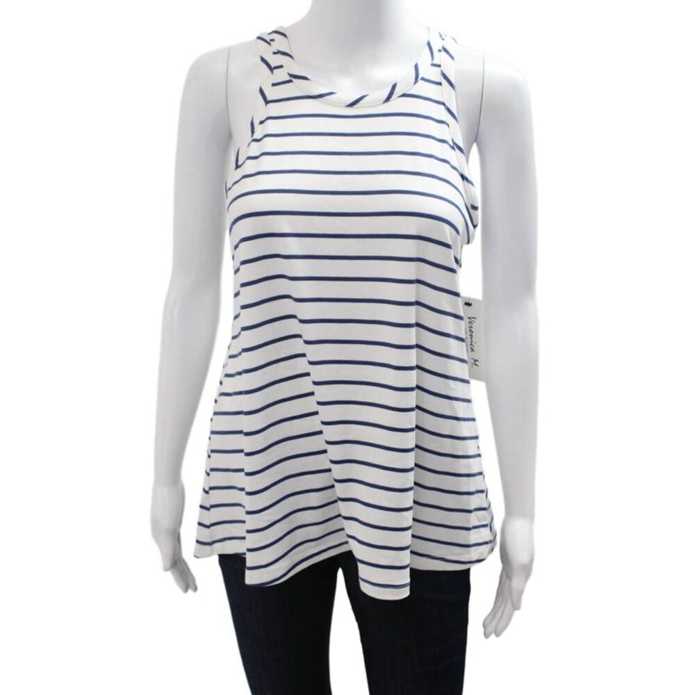 Veronica M Women Striped Jersey Tank White Round Neck Size M